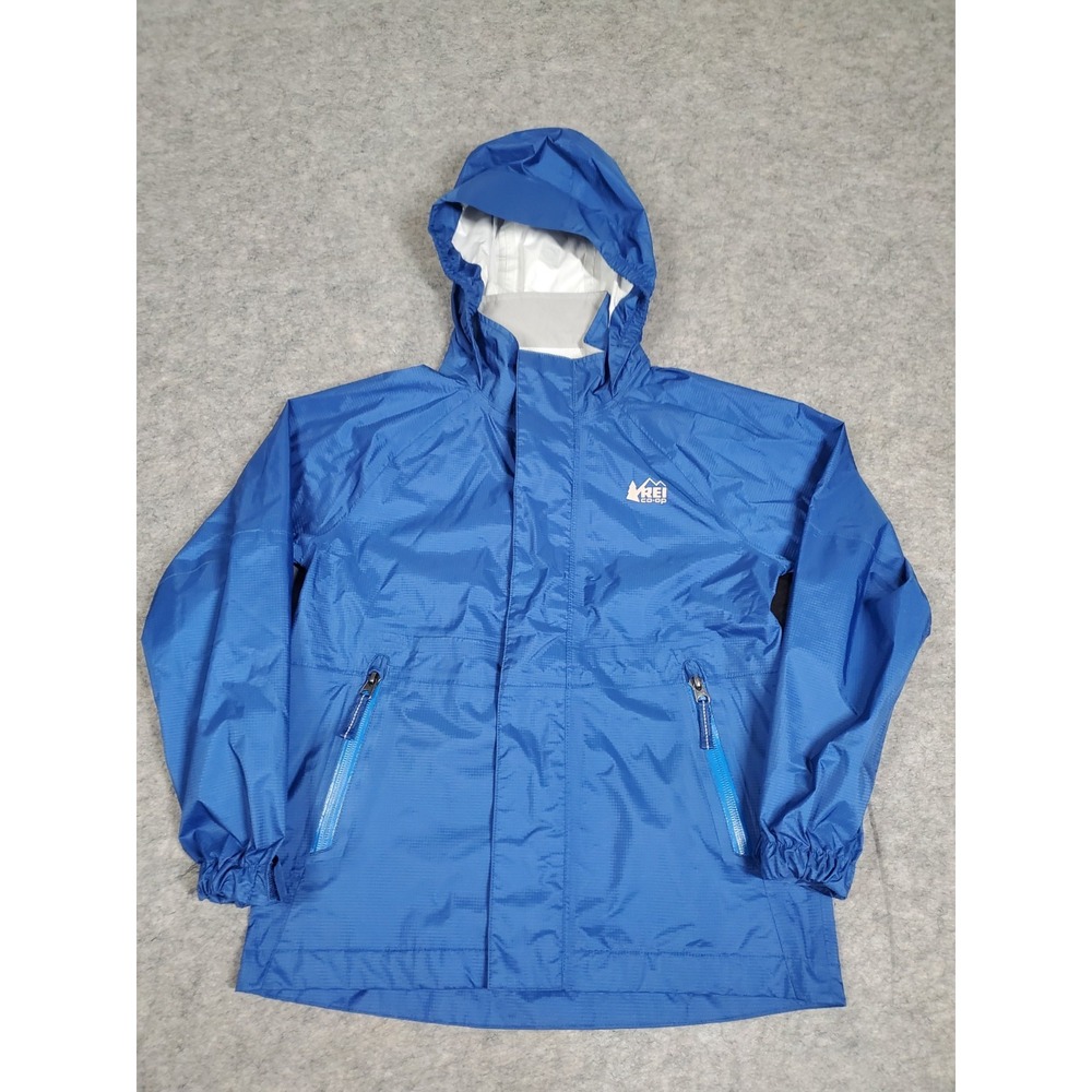 REI Co-op Rain Jacket Kids Small 8 Blue Hooded Waterproof Windbreaker Shell